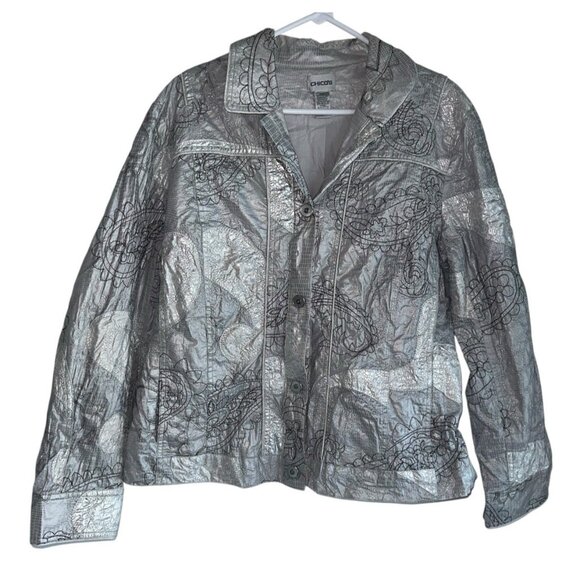 Chico's Women’s Silver Metallic Embroidered Button Jacket Sz 3 Or XL Boho Artsy - Picture 1 of 7